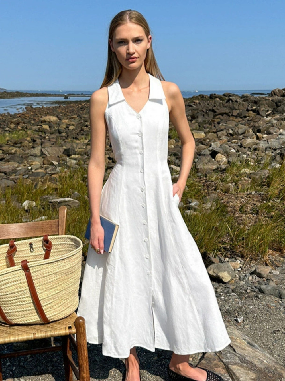 Forever 21 White Linen Cotton Maxi Shirt Dress Waist Cinch Fall